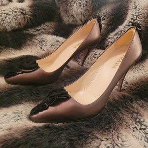 Prada Heels Size 8.5 Leather Dark Bronze with Black Accents
